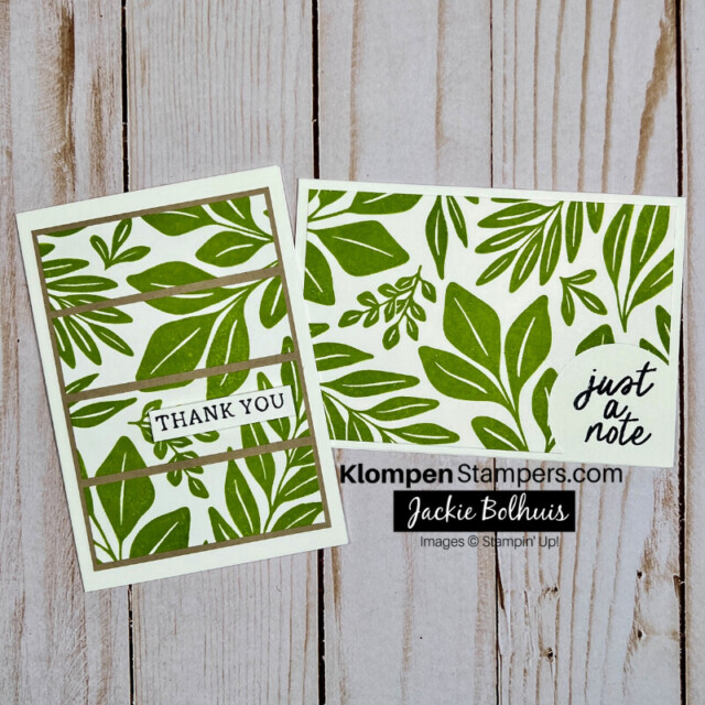 Two handmade cards stamped with the Stampin' Up! Leaf Collection background stamp as a technique to stamp your own patterned paper.
