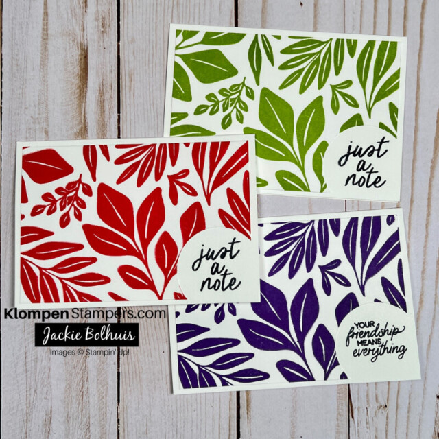 Three of the same handmade card layout designed with the Stampin' Up! Leaf Collection background stamp. Each card is a different color and one card has a different stamped sentiment.