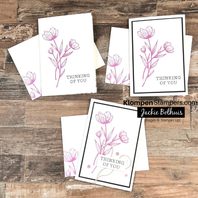 Three thinking of you cards that show the progression of a simple card to adding a few layers and embellishments to step the card up. Cards are a part of beginner stamping projects to learn card making using the Stamp set Spotlight on Nature and the ink color Petunia Pop.