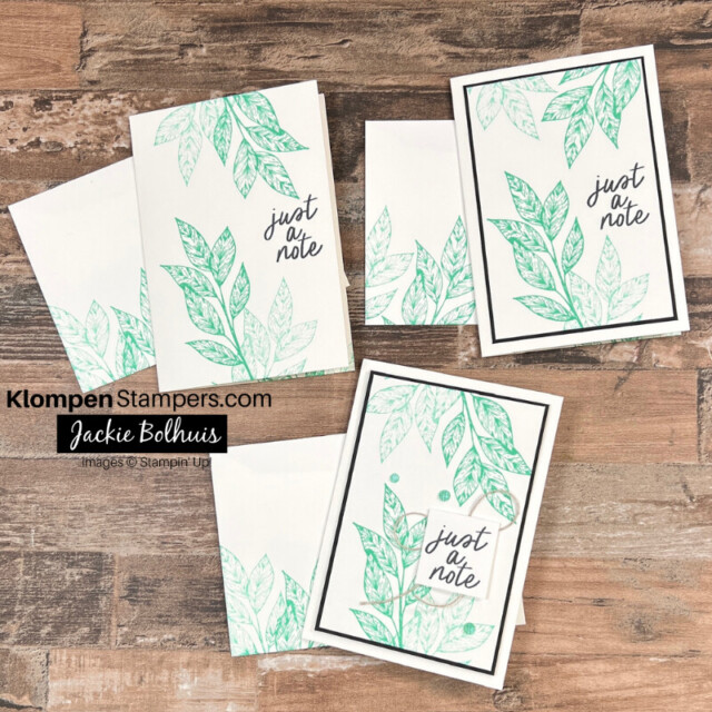 Three masculine just a note cards that show the progression of a simple card to adding a few layers and embellishments to step the card up. Cards are a part of beginner stamping projects to learn card making using the stamp set Spotlight on Nature and the ink color Shy Shamrock.