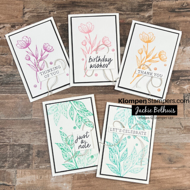 Five simple handmade cards that are all stamped the same way, but in a different color. The five different colors are the Stampin' Up! 2024 - 2026 In Colors.