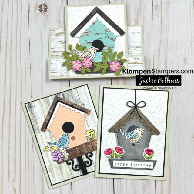 Three handmade cards designed with the Stampin' Up! Country Birdhouse Bundle. Each card is designed with a different color birdhouse and small flower details.