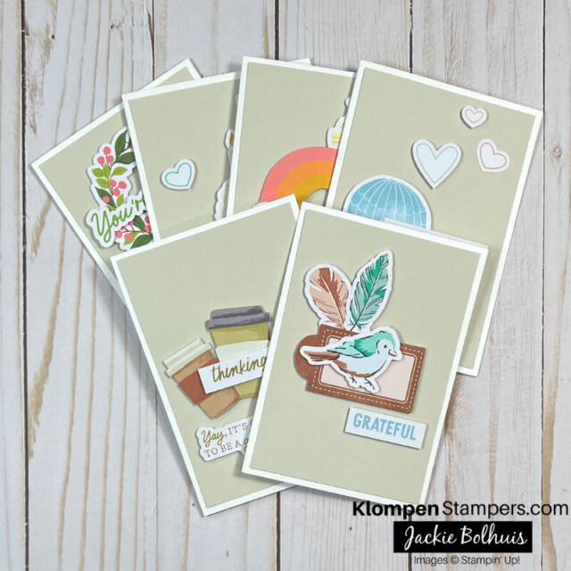 6 note cards made using the Stampin' Up! Mix & Match Saying Something and Something for Everyone Ephemera Packs.