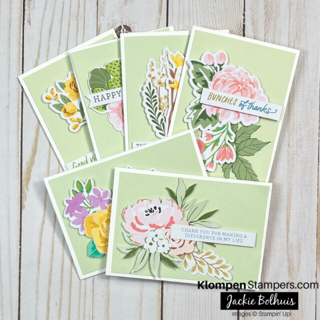 6 note cards made using the Stampin' Up! Mix & Match Saying Something and Fully Flowering Ephemera Packs.