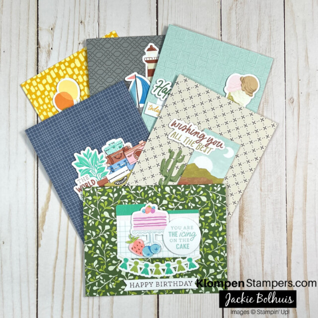 6 note cards made using the Stampin' Up! Mix & Match Saying Something, Something for Everyone, and Labels & Layers Ephemera Packs with the Sunny Springs and Calming Creek Mix & Match Cards & Envelopes.