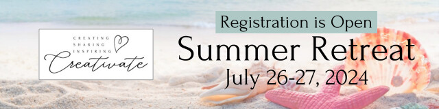 Creativate Summer Retreat 2024 registration is open banner graphic to promote registration for the online stamping retreat. Summer retreat graphic is beach themed with the ocean and sea shells.