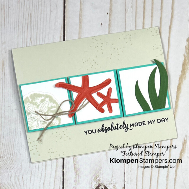 Simple card designed with three squares, each with a sand dollar, starfish, and seaweed, from the Stampin' Up! Seaside Wishes Bundle.