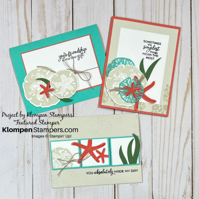 Three ocean themed cards shared by a Klompen Stampers team member to help paper crafters find this encouraging community of stampers!