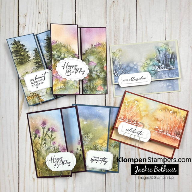 Six cards made from two different card layouts for scenery paper to make quick and easy cards. Cards all have a different watercolored scene.