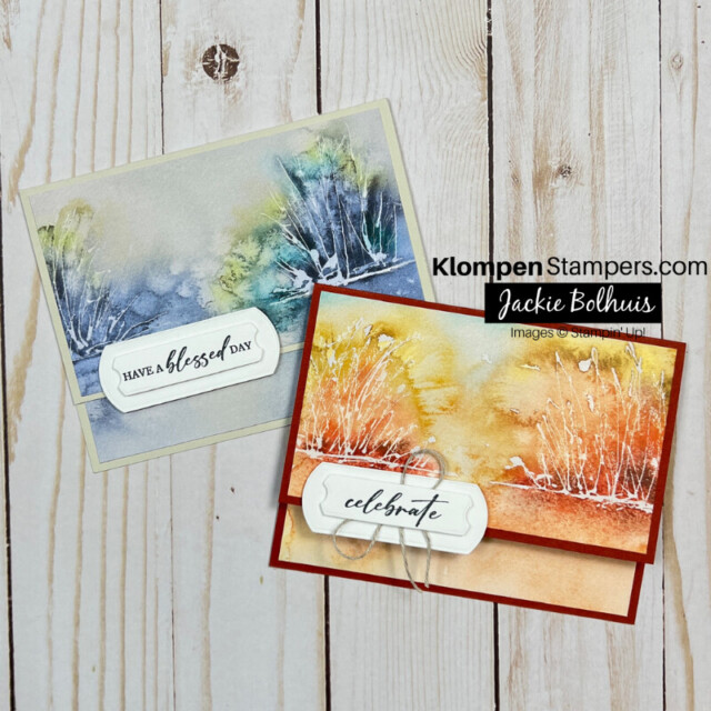 DSP card layout created with the Stampin' Up! Thoughtful Journey DSP. Two cards pictured that are made from the same layout, both with a watercolored lake scene.