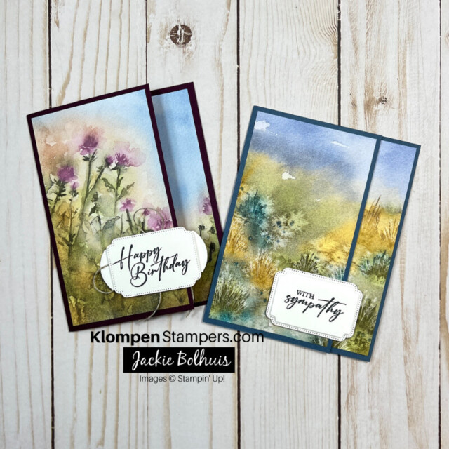 DSP card layout created with the Stampin' Up! Thoughtful Journey DSP. Two cards pictured that are made from the same layout, both with a watercolored floral scene.