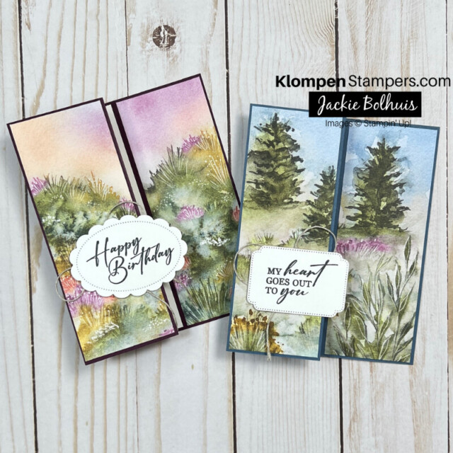 DSP card layout created with the Stampin' Up! Thoughtful Journey DSP. Two cards pictured that are made from the same layout, both with a watercolored forest scene.