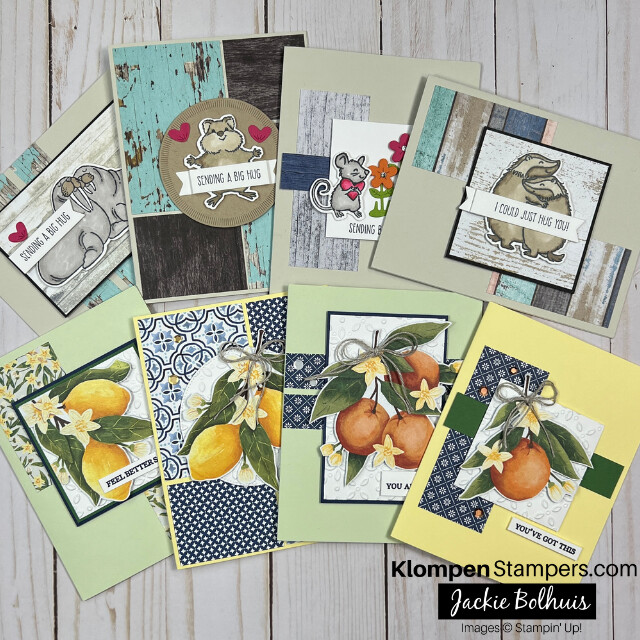 8 handmade greeting cards. 4 are designed with the Stampin' Up! Hearts & Hugs Bundle and the other 4 are designed with the Stampin' Up! Citrus Bloom Bundle.