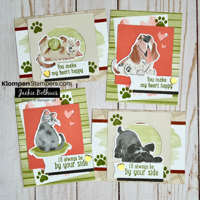 Four handmade fun animal card designs from the By Your Side card kit. There are two cards each of two designs, but a different cat or dog image on each card.