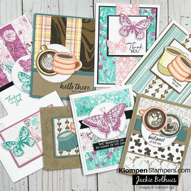 Eight handmade greeting cards that were designed from the four simple card making templates made in Volume 11 of Jackie and Dave's Card Making Template Class Series. Four of the cards are designed with the Stampin' Up! Latte Love Bundle and the other four are designed with Sketched Butterflies.