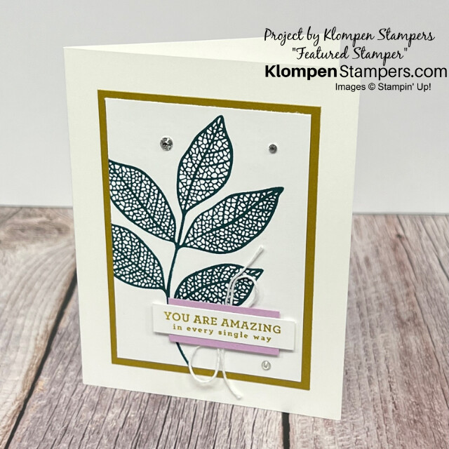 A simple stamping card designed with the Stampin' Up! stamp set Changing Leaves. Card features a large blue leaf with a small sentiment that reads "you are amazing in every single way".