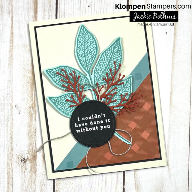 Handmade card designed with the Stampin' Up! Changing Leaves Bundle. Card focal has textured die cut leaves in blue and red.