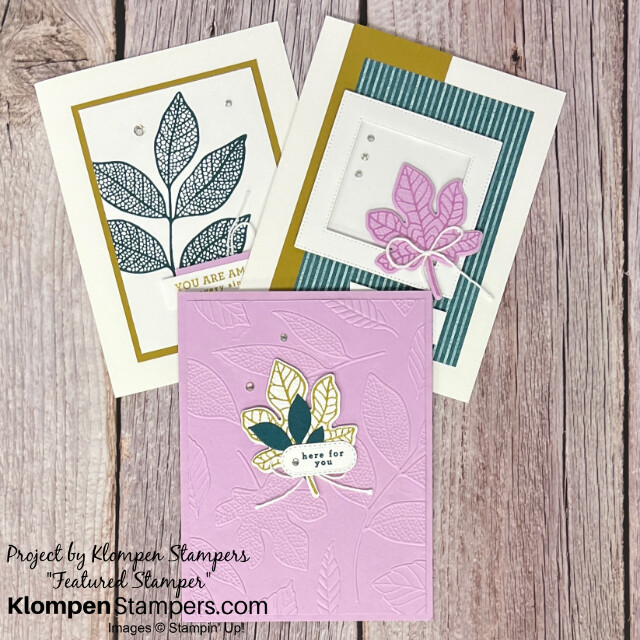 Three simple stamping card ideas made with the Stampin' Up! Changing Leaves stamp set and hybrid embossing folder. Cards are all simple designs decorated with textured leaves.