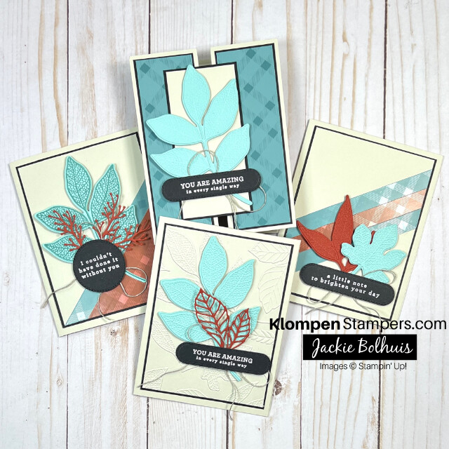 Found handmade cards designed with the Stampin' Up! Changing Leaves Bundle. Cards are all designed with a neutral beige card base, and have colors of blue and rust for the leave designs.