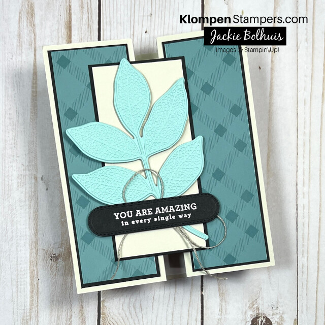 A simple and elegant fun fold card layout to make designed with the Stampin' Up! bundle Changing Leaves lying on a table.