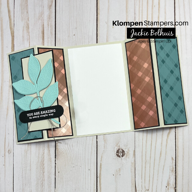 The simple and elegant fun fold card layout to make designed with the Stampin' Up! bundle Changing Leaves lying open on a table.