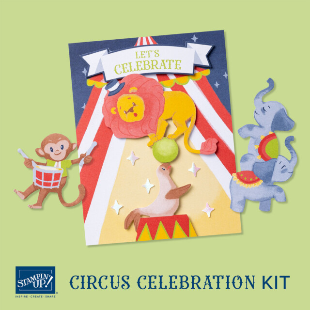 Promotional graphic for the Stampin' Up! Circus Celebration card kit to make cards with fun animal card designs with circus characters.