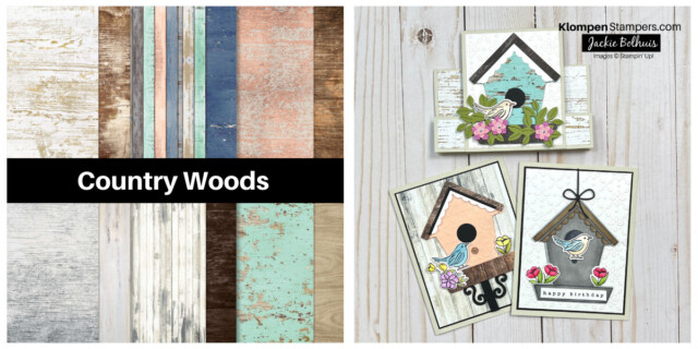Picture showing the different prints of the Country Woods Designer Series Paper from the Stampin' Up! Designer Series Paper Sale along with three card examples to show how to create beautiful cards using this DSP. This DSP features elegant wood prints.