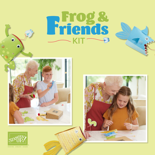 Promotional graphic for the Stampin' Up! Frog and Friends craft kit to make a paper craft of the ball in cup game where the cup is cute animal characters.