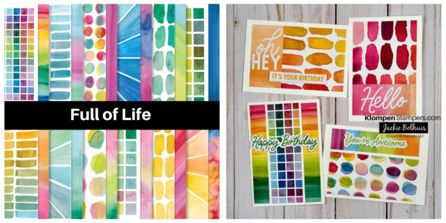 Picture showing the different prints of the Full of Life Designer Series Paper from the Stampin' Up! Designer Series Paper Sale along with four card examples to show how to create beautiful cards using this DSP. This DSP features bright rainbow colors in multiple different print patterns.