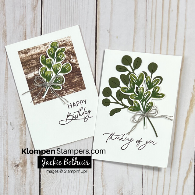 Two handmade cards made with the Stampin' Up! Golden Greenery Bundle, cards are designed with a simple greenery and greeting. 