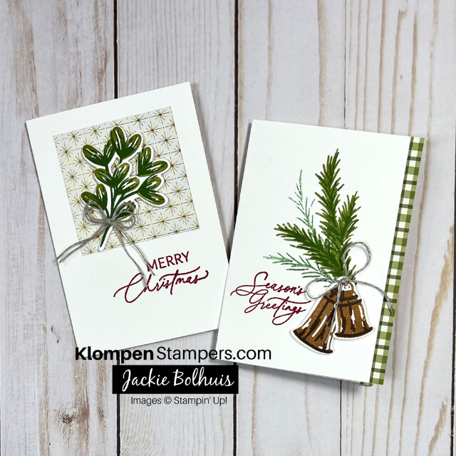 Two handmade cards made with the Stampin' Up! Season of Green & Gold Suite Collection, designed with simple holiday greenery and a holiday greeting.