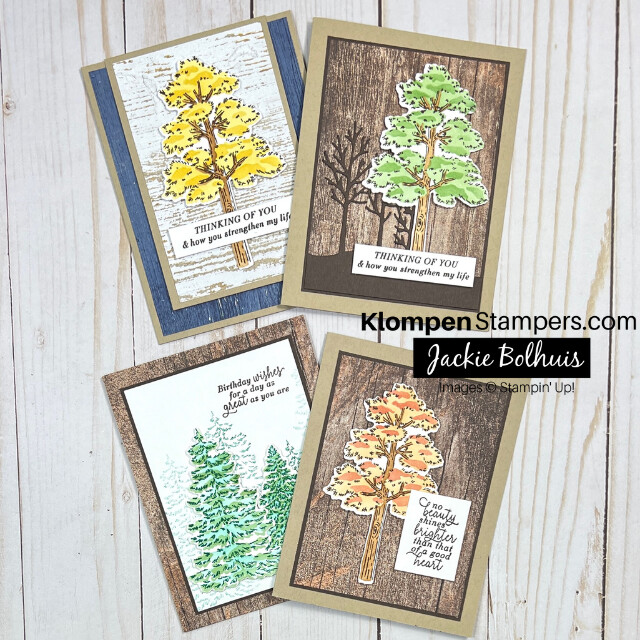Four handmade cards made with the Stampin' Up! Frosted Forest Bundle, designed with trees and earth-tone colors.