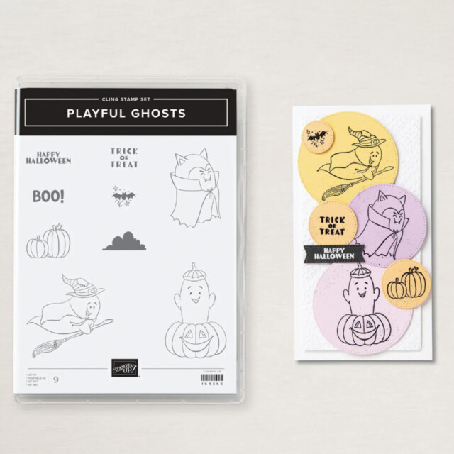 Image from the Stampin' Up! Online Exclusive Website of the Playful Ghosts stamp set and a slimline card designed with it.