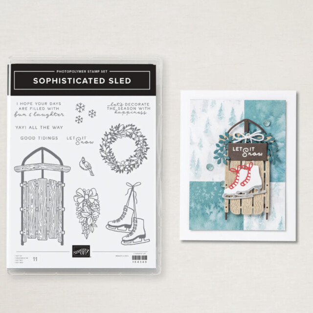 Image from the Stampin' Up! Online Exclusive Website of the Sophisticated Sled stamp set and a card designed with it that has a sled and ice skates.