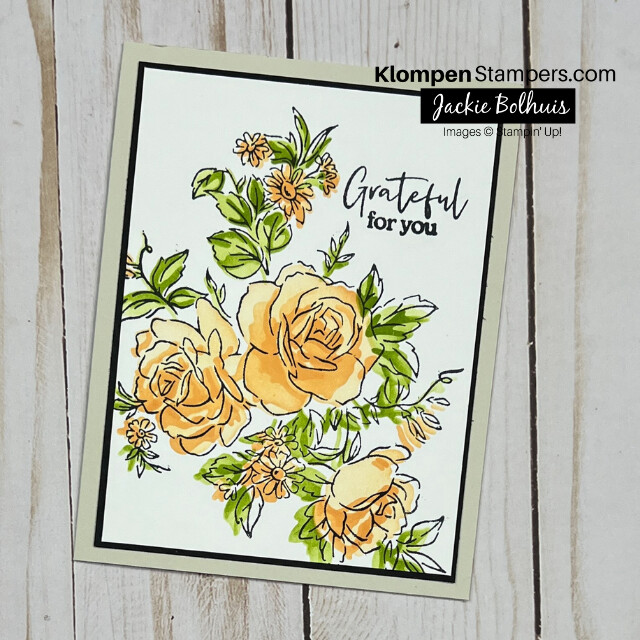 Simple card designed with the Stampin' Up! Layers of Beauty decorative masks. The floral image is colored yellow with green leaves, and the shades of color come from layering one color of ink with blending brushes.