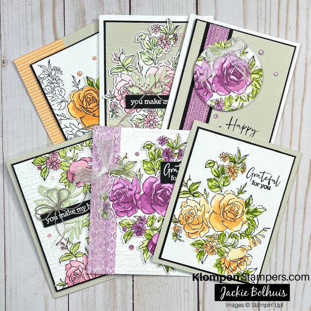 Six stunning handmade cards designed with large floral images from the Stampin' Up! Layers of Beauty Bundle. Cards have neutral beige and white card bases with purple, pink, and yellow floral images.