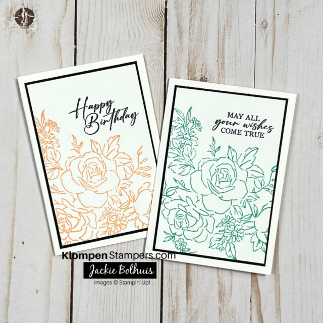 Two cards made using only stmaps, ink, & paper. Cards are made with a note card as the card base, a black paper layer, and then a stamped white paper layer. One card has a yellow flower stamped with a happy birthday sentiment, and the other card has a blue flower stamped with a may all your wishes come true sentiment.