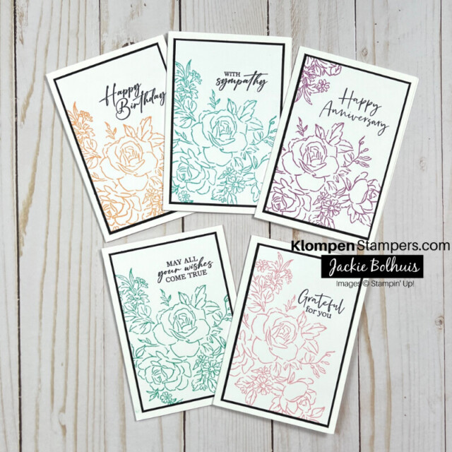 Five cards designed the same with a large floral image that is stamped in one color, each card is made with a different color.