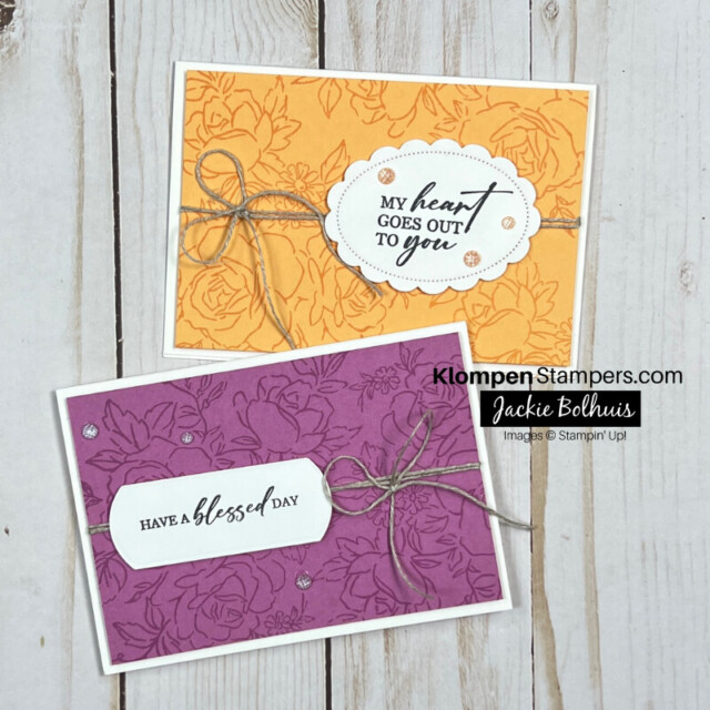 Two cards stamped and designed with the Stampin' up! Layers of Beauty and Unbounded Love stamp sets. One card color is Peach Pie and the other card color is Petunia Pop.