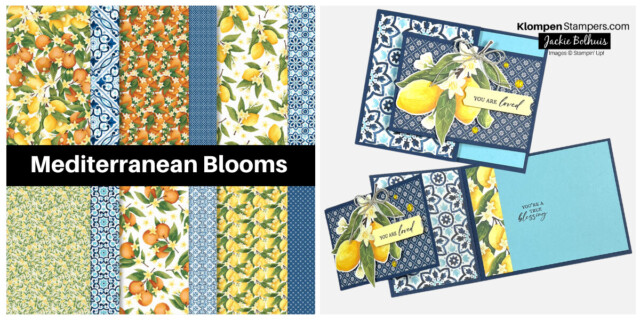 Picture showing the different prints of the Mediterranean Blooms Designer Series Paper from the Stampin' Up! Designer Series Paper Sale along with a fun fold card example made using this DSP. This DSP features fun orange and lemon prints.