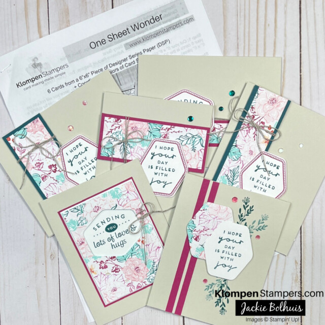 6 quick cards made by following a one sheet wonder cutting diagram. The cards were made from cutting one piece of Stampin' Up! Unbound Beauty Designer Series Paper, layering it onto coordinating cardstock colors, and then adhering it to Basic Beige card bases.