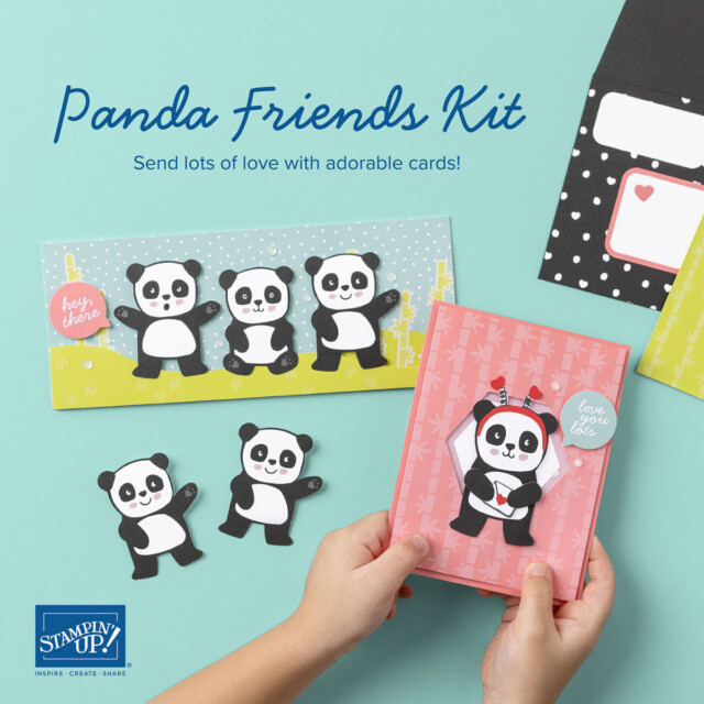 Promotional graphic for the Stampin' Up! Panda Friends card kit to make two different card designs with cute panda characters.