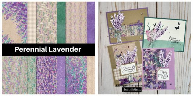 Picture showing the different prints of the Perennial Lavender Designer Series Paper from the Stampin' Up! Designer Series Paper Sale along with four card examples to show how to create beautiful cards using this DSP. This DSP features beautiful lavender field prints.