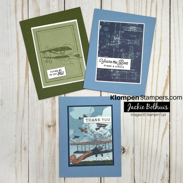 Three quick & easy cards to make using the Stampin' Up! Take To The Sky Designer Series Paper. Card paper is preprinted with airplane images.