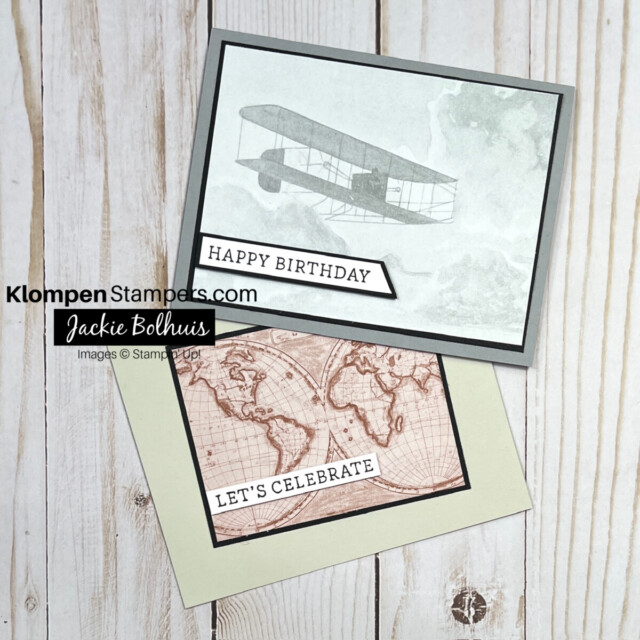 Two quick & easy cards to make using the Stampin' Up! Take To The Sky Designer Series Paper. One card has an image of an airplane printed on it, the other card has an image of the earth on it.