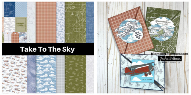 Picture showing the different prints of the Take To The Sky Designer Series Paper from the Stampin' Up! Designer Series Paper Sale along with three fun fold card examples to show how to create beautiful cards using this DSP. This DSP features airplanes, clouds, and map prints.