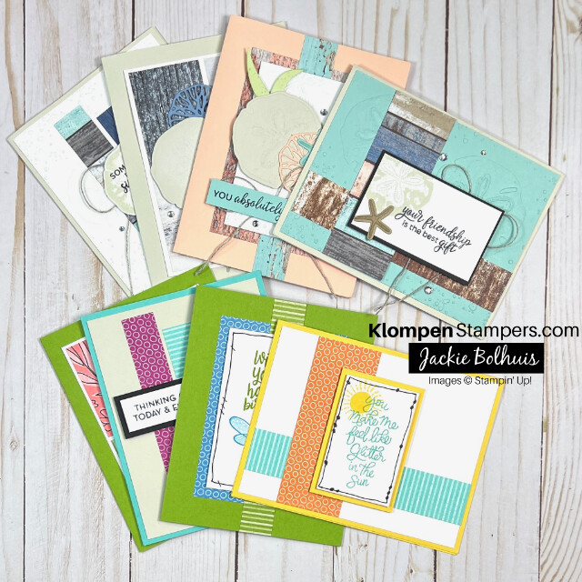 Eight handmade cards designed by following along with Klompen Stampers easy card making templates. Four card are designed with the Stampin' Up! stamp set Seaside Wishes and the other four are designed with the stamp set Happiest Day.