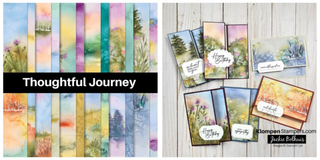 Picture showing the different prints of the Thoughtful Journey Designer Series Paper from the Stampin' Up! Designer Series Paper Sale along with four fun fold card examples to show how to create beautiful cards using this DSP. This DSP features watercolored lake and meadow scenes.