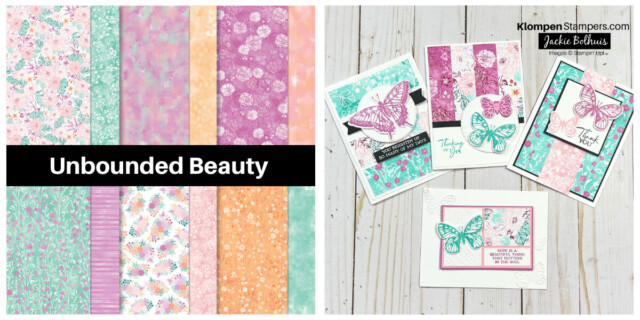 Picture showing the different prints of theUnbounded Beauty Designer Series Paper from the Stampin' Up! Designer Series Paper Sale along with four card examples to show how to create beautiful cards using this DSP. DSP features bright floral prints in pink, purple, green, and orange colors.
