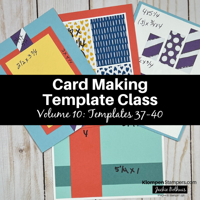 Four card templates lying on a table with a graphic overlay that reads "card making template class, volume 10: templates 37-40"